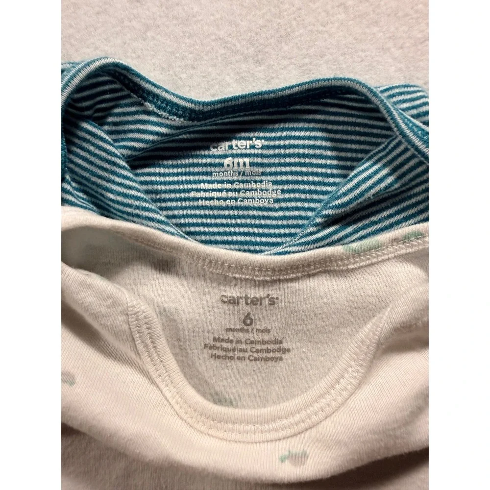 Carters Baby Boys 6 Months Short Sleeve Bodysuit Set Teal Stripe Turtle 2 Pack